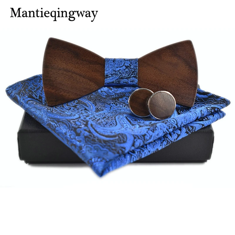  Polyester Business Wooden Tie Set For Men Handkerchiefs Cuff Links Handmade Wood Bowtie Set Plaid N