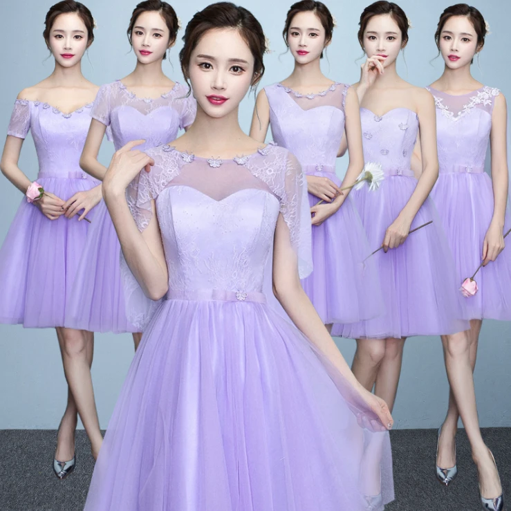 Ladies Lace Up Back Beautiful Girls O Neck Lilac Bridesmaids Dress