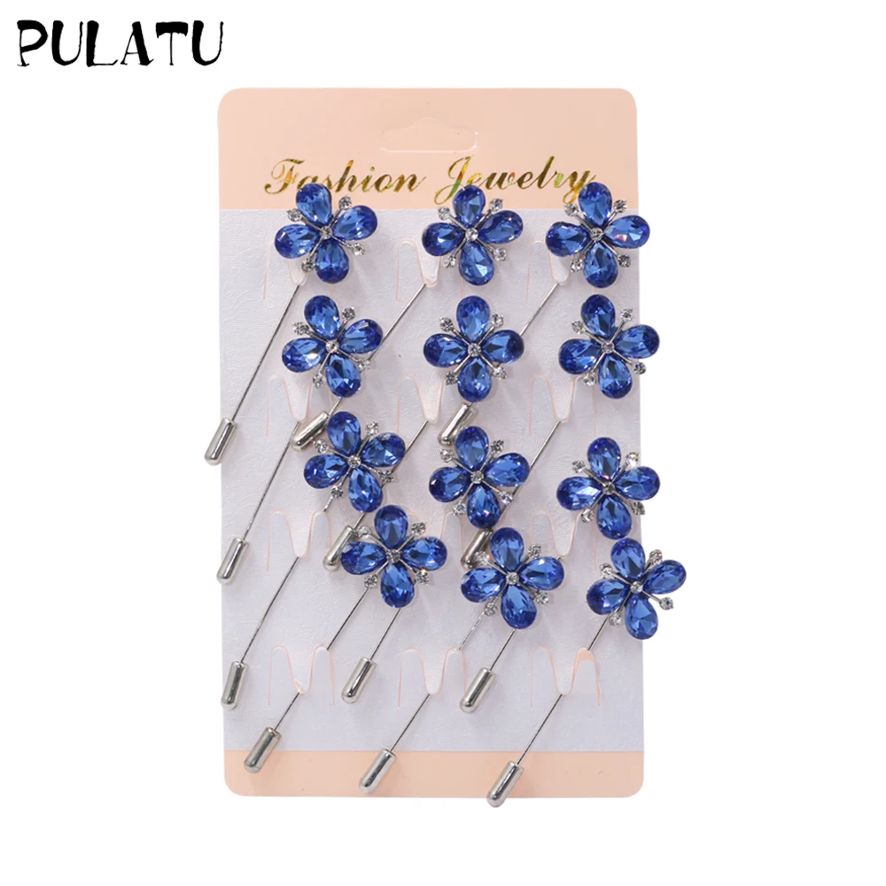12 шт./лот синяя брошь в виде цветка с кристаллами для женщин металлическая из