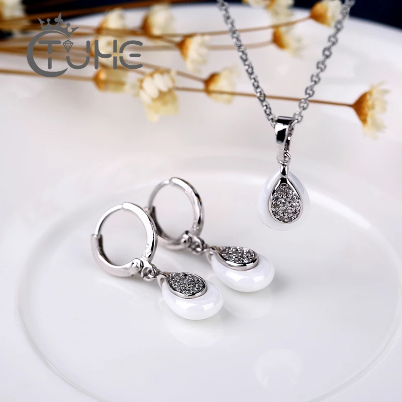 

Water Drop Pendant Necklace Hoop Earrings Silver Color AAA Rhinestone Crystal Elegant White Ceramic Jewelry Set Wedding Gift