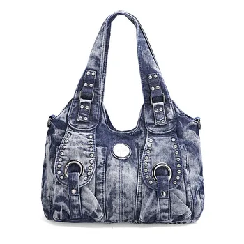 

Women Big Denim Handbags Vintage Casual Denim Handbag Lady Large Capacity Jeans Tote Weave tape Creative Shoulder Messenger Bag