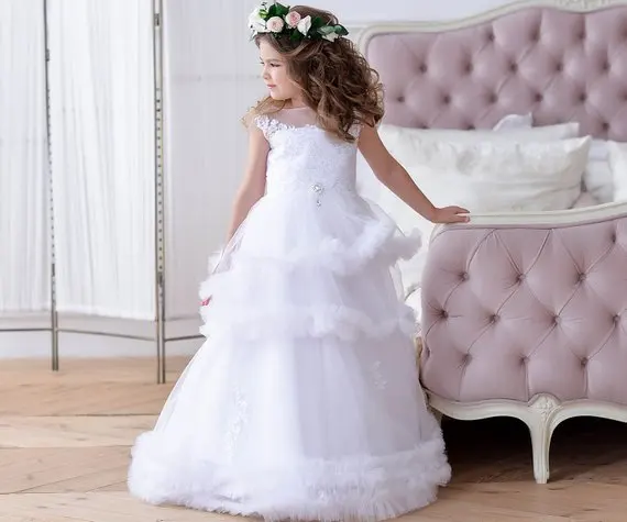 

Cloud White Flower Girl Dress Toddler Tulle Lace Layered Baby Girls Birthday Dress Ball Gown Communion Dress Custom Made