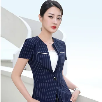 

Fashion Striped Short Sleeve Blazers Formal OL Style Jackets Ladies Blazer Coat Business Women Work Wear Female Tops Clothes