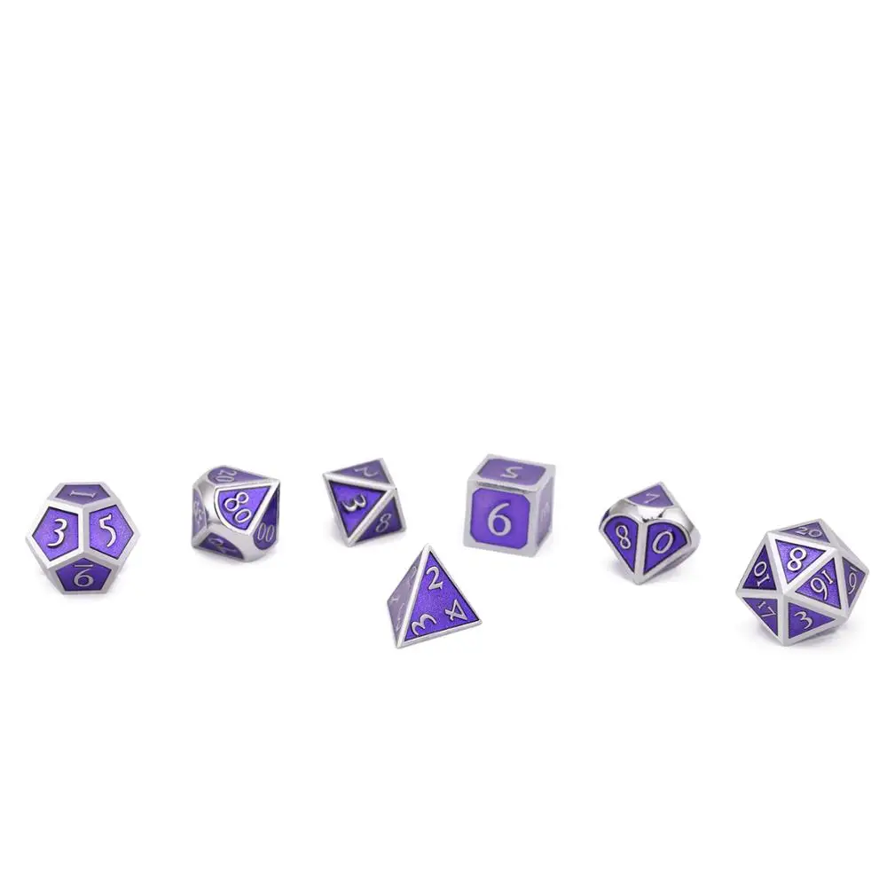 Koop Metalen Dobbelstenen met Zwarte Koord Pouch voor DnD RPG MTG Games 7 stks set D4 D6 D8 D10 D % D12 d20 Zilver   Paars