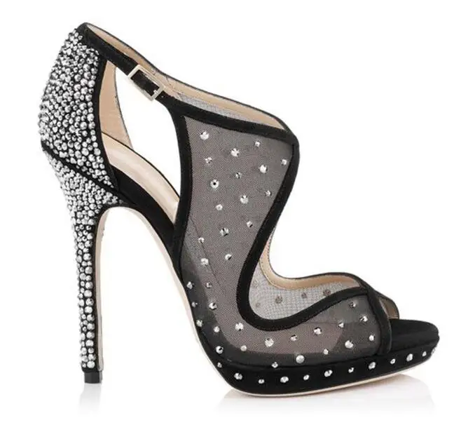 

look through sexy woman black lace rhinestones high heel peep toe sandals crystal high heel black lace woman sandals custom make