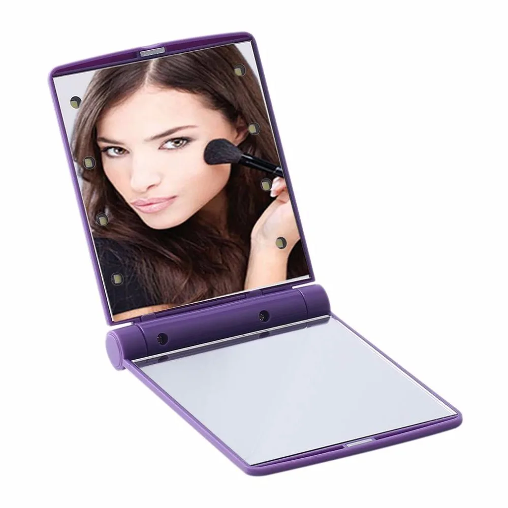

Woman Makeup Cosmetic Foldable 2 Sided Pockets Mirror With 8 LED Lights Lamps Purple Makeup Tool Beauty essensial
