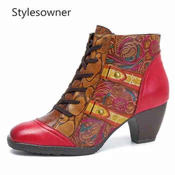 

Stylesowner High Heel Boots Women Retro Bohemian Printed Genuine Leather Ankle Boots Woman Spring Autumn Botas Retro Boots