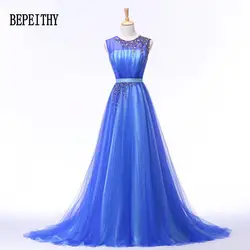 BEPEITHY 2019 Новая Мода Vestidos De Fiesta A-Line синие вечерние платья Длинные Тюль без рукавов бисером женские Выпускные платья