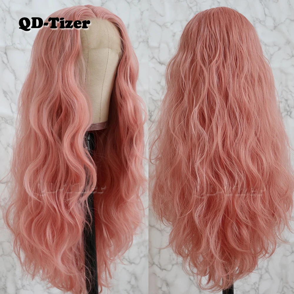 QD-Tizer Long Pink Hair Loose Wave Hair Lace Wigs Free Part Glueless Synthetic Lace Front Wigs for Fashion Women