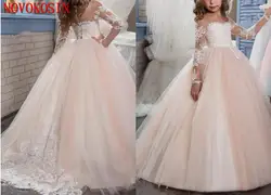 Новинка 2019 года, недорогие свадебные платья с цветочным узором для девочек, украшенные жемчужинами, с длинными рукавами, кружевное платье