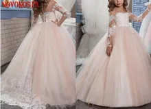 2019 New Cheap Flower Girls Dresses For Weddings Jewel Neck Long Sleeves Lace Birthday Dress Children Party Kids Girl Ball Gown 2019 New Cheap Flower Girls Dresses For Weddings Jewel Neck Long Sleeves Lace Birthday Dress Children Party Kids Girl Ball Gown