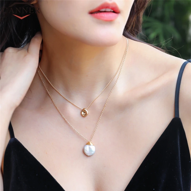CANNER Fashion Double Layer Baroque Pearl Necklace Gold Layered Necklace Choker Bohemian Pendant Necklace Women Charm Jewelry FI