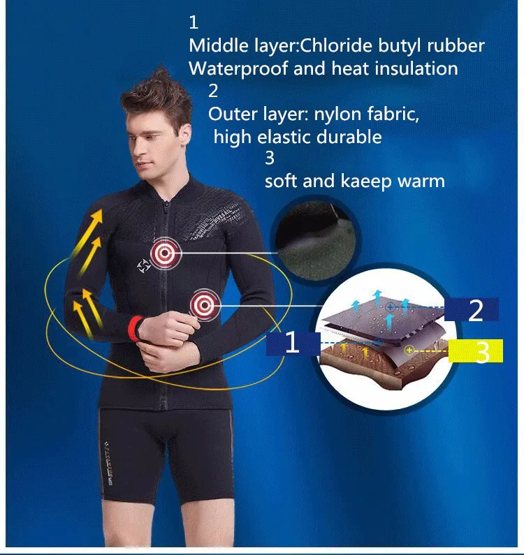 3 мм Неопреновая куртка гидрокостюм топ черная передняя молния для мужчин водолазный костюм с длинным рукавом одежда для плавания для серфинга Подводная охота гидрокостюм