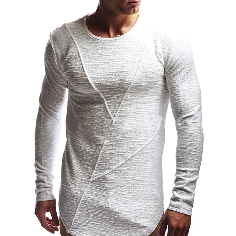 Comfortable Extend HipHop Men T Shirt Long Sleeve Basic Solid O-Neck Patchwork Loose Gyms Muscle Shirts Tee Male Clothing