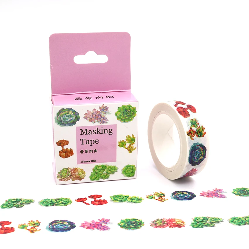 

15mm*10m Box Package Succulent Plants Washi Tape Adhesive Stickers Pattern Masking Tape Cheap Price Decorative Tape