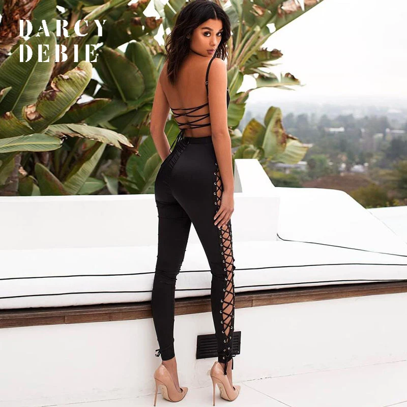 Darcydebie Sexy Hollow Out Bandage Jumpsuit Women Rompers 2019 Elegant Strapless Backless Lace Up Bodycon Bodysuit Party Overall | Женская