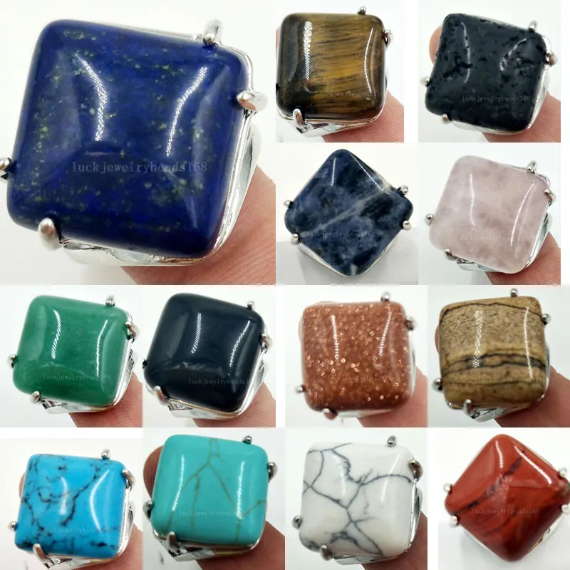 

Malachite Opal Tigers Eye Blue Sand Lapis Lazuli Crystal Howlite Carnelian Women Men Art Rhombus Ring 7~12" Adjust Size PWB565