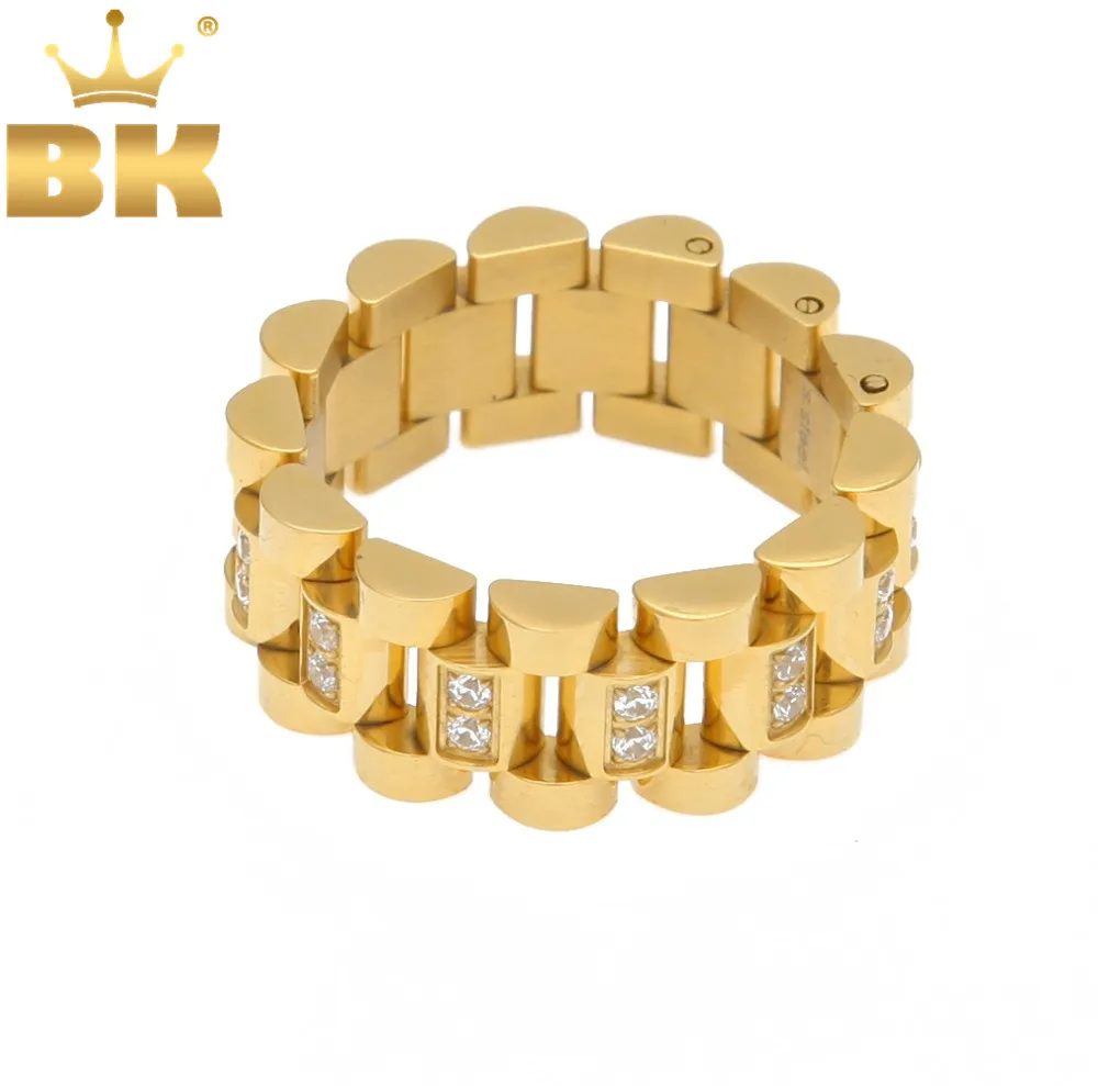 

Top Quality Zircon Stainless Steel Watch Chain Style Ring Adjustment Size Gold&Steel Color Hip hop Fashion Charm 8-12 Ring