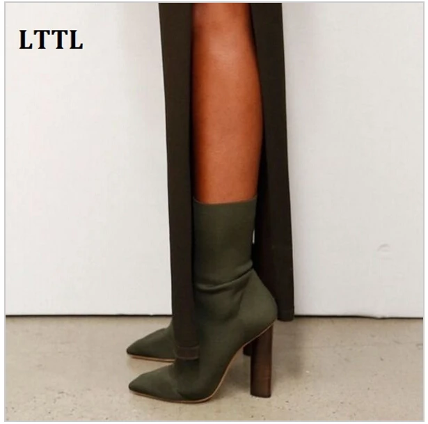 Hot Sale Army Green Stretch Knit Ankle Boots Kim Kardashian Style Block Heels Short Boots Pointed Toe 11CM High Heel Women Boots