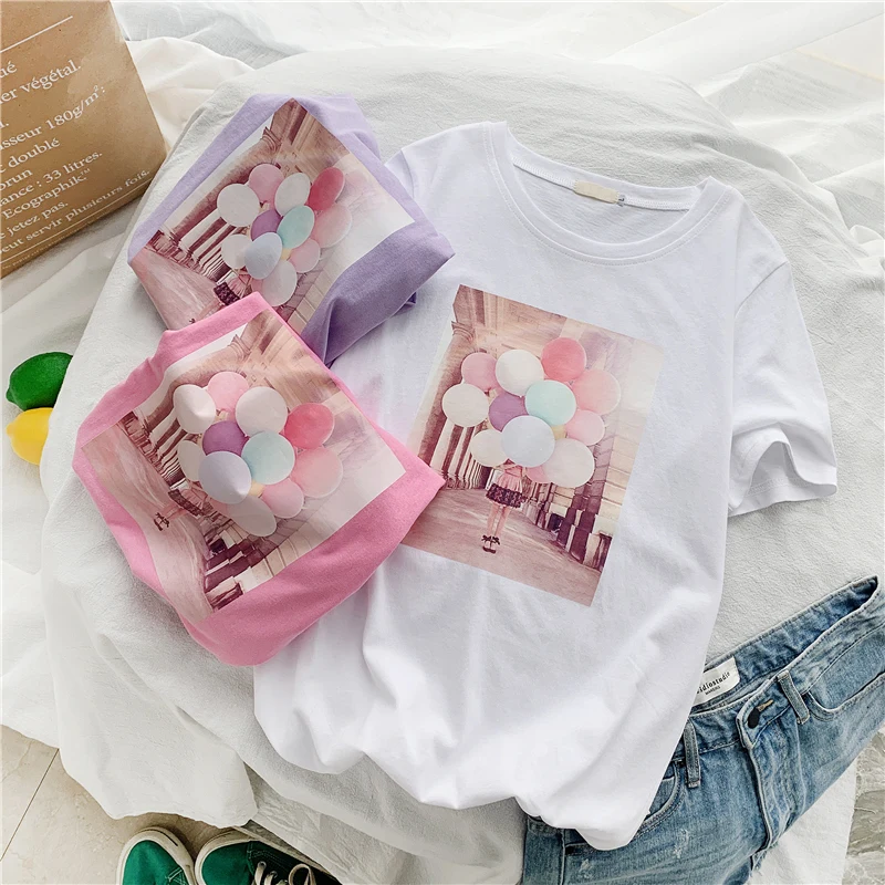 تي شيرت المرأة الصيف شيك س الرقبة الإناث الملابس الترفيه أعلى إمرأة بسيطة المطبوعة Kawaii فضفاض الكورية نمط قصيرة الأكمام تيز