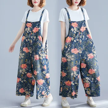 

2019 Summer Literary Vintage Printing Strap Jeans Women Large Size Washed Thin Cowgirl Straps Casual Pants XL-01