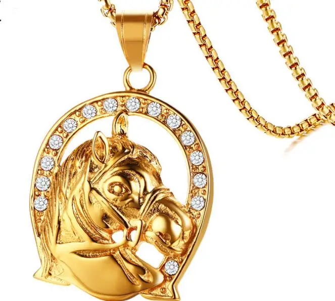 GNAYY ювелирные изделия золотые модные подарки Чистая нержавеющая сталь, кристаллы подвеска в виде лошади ожерелье rolo цепь 3 мм 24 дюйма для мужчин n1030