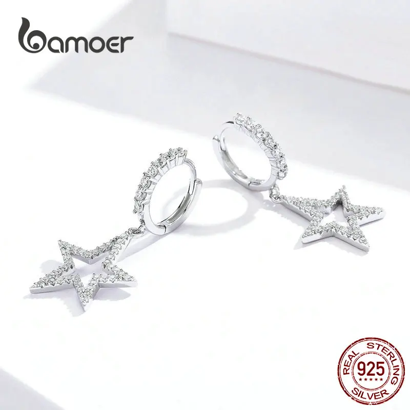 Tanie BAMOER Star Dangle kolczyki dla kobiet Sparkling wyczyść CZ spadek kolczyki srebro 925 zaręczyny biżuteria ślubna SCE593