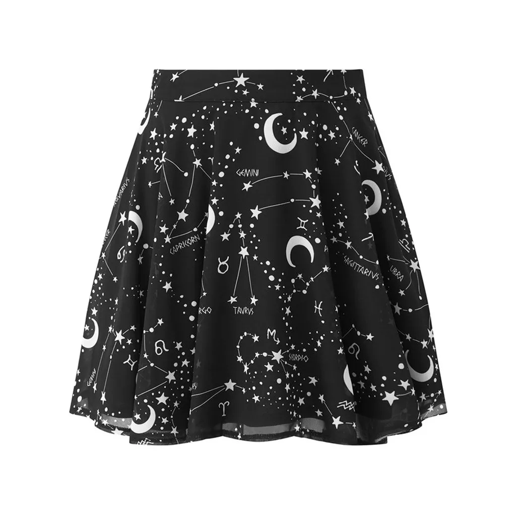 Sexy Long skirt Fashion Women Summer Women Party Gothic Punk Black Starry Sky Moon Print A-Line Short Mini Skirt Y612 - Color: Beige