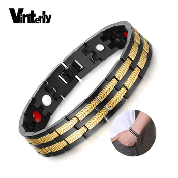 

Vinterly Black Gold-color Magnetic Bracelet Men Stainless Steel Wheat Style Chain Link Bracelet Health Energy Germanium Bracelet