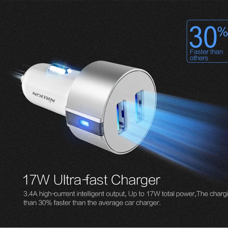 الأصلي Nillkin 5 V 3.4A المزدوج 2 ميناء USB شاحن سيارة ل iphone 8 زائد 7 6 لسامسونج غالاكسي S8 ملاحظة 8 هاتف ذكي عالية الجودة