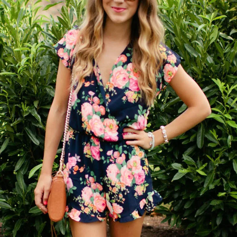 

Sexy Casual Romper Women Clothes 2019 Flowers Short Sleeve Chiffon Jumpsuit Summer