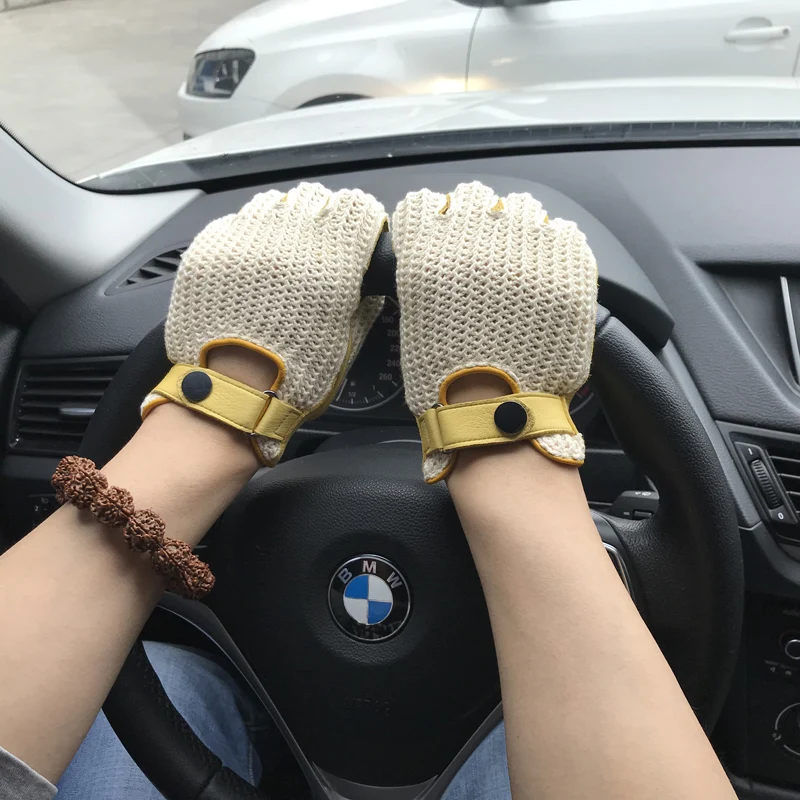 Mens Goatskin Leather Gloves Back Knitted Gloves Lambskin NEW Unlined Non-Slip Motorcycle Driving Gloves Male Leather Mittens