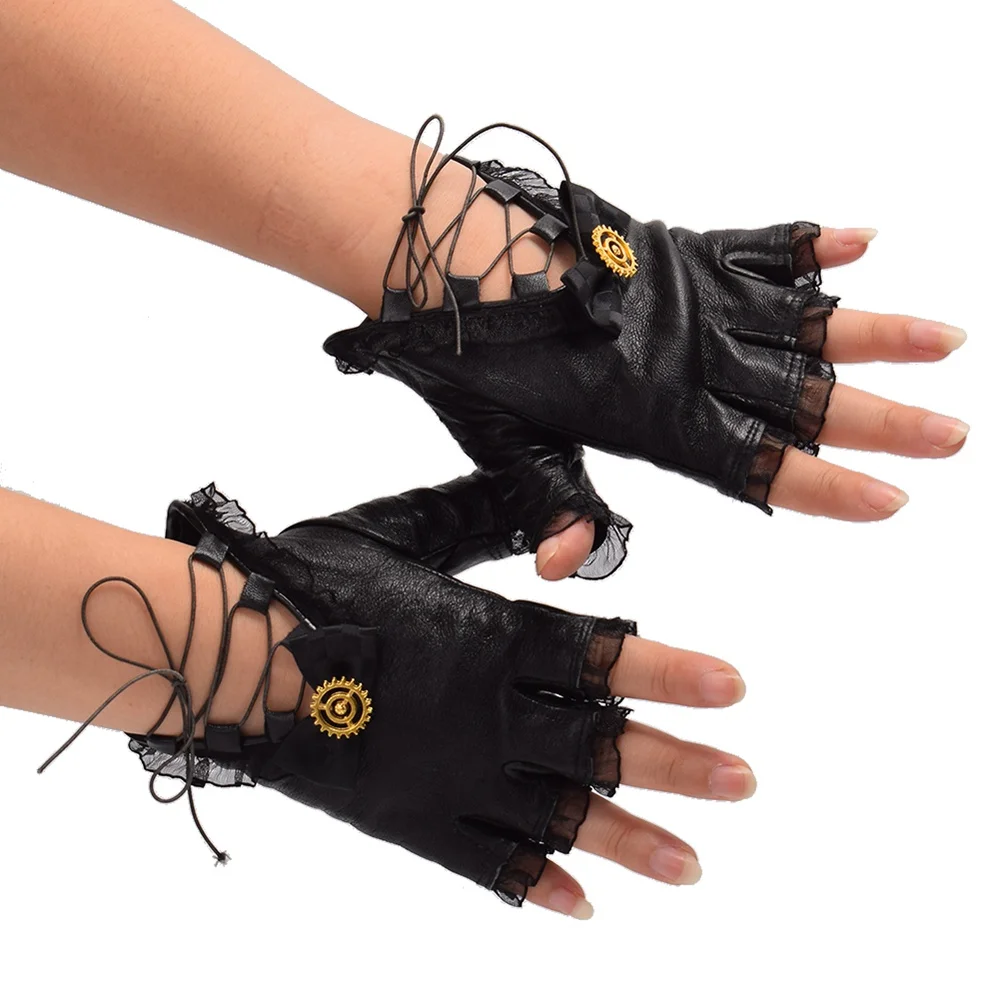 1 пара черный PU на шнуровке перчатки для стрельбы из лука Винтаж Лолита Стимпанк Шестерни перчатки