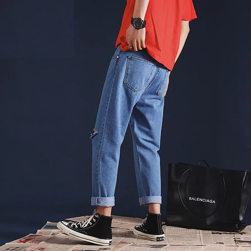 Wholesale Spring summer jeans men's loose retro Korean students straight solid teenagers wide leg casual ankle length pants