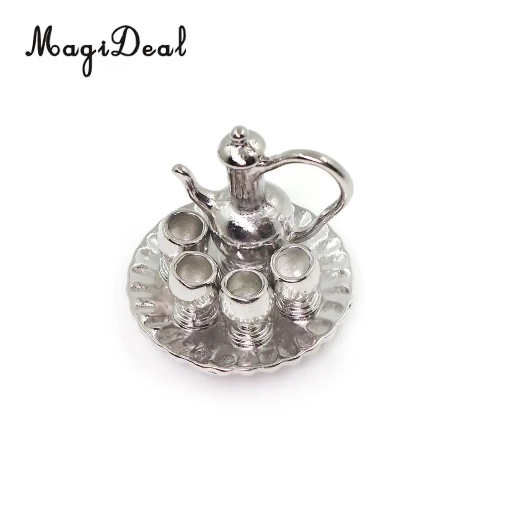 6Pcs 1:12 Dollhouse Miniature Silver Metal Tea Coffee Milk Set with Tray for Dolls Living Room Table Tableware Furniture Decor