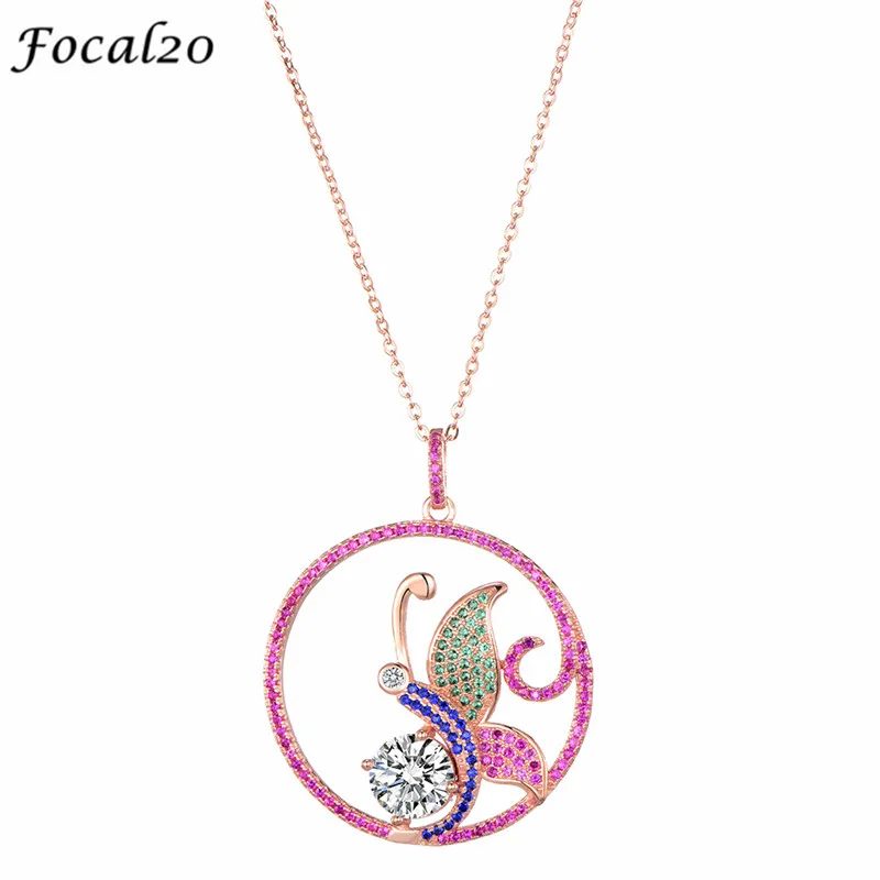 

Focal20 925 Sterling Silver Round Crystal Butterfly Women Pendant Necklace Hollow Rhinestone Female Necklace Fashion Jewelry