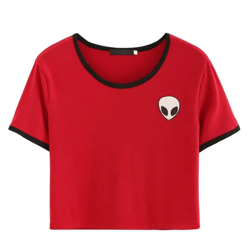 Летний укороченный топ с принтом пришельцев, короткие футболки с коротким рукавом, футболки для женщин и подростков, топы, хлопковая Футболка с круглым вырезом и вышивкой для девочек - Цвет: R