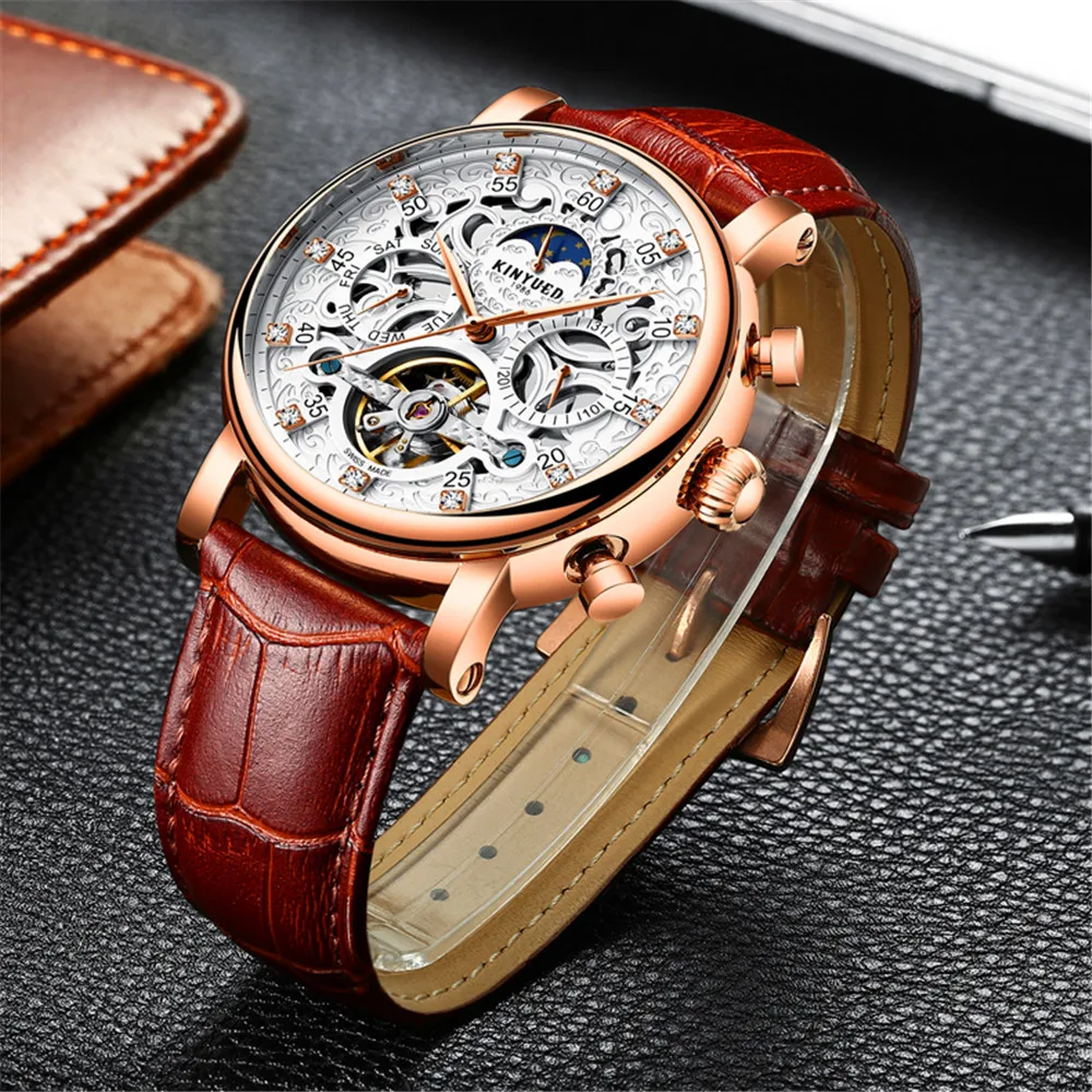 KINYUED Скелет автоматические часы для мужчин Sun Moon Phase водонепроницаемые Tourbillon