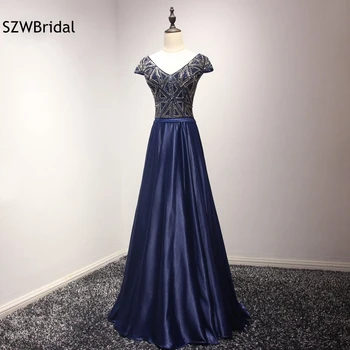 

New Arrival V Neck Cap sleeve Navy blue Evening dress 2020 Vestido de festa Full hand beading Kaftan Evening gowns Plus size