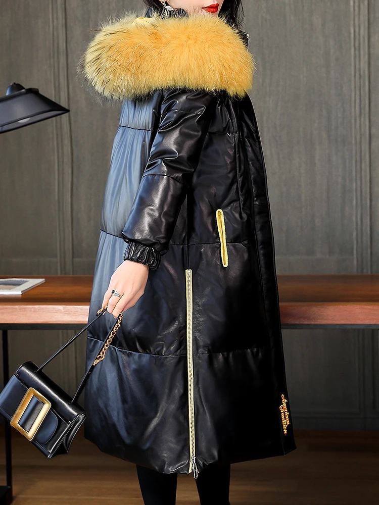 Женская куртка-пуховик из овчины, зимняя женская одежда, корейское пальто из натурального меха енота с капюшоном, Женская куртка из натуральной кожи ZT1586