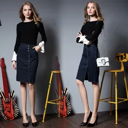 New Women Denim Pencil Skirt Sexy Slim Slit Package Hips High Waist Single Breasted Split Skirt Office Lady Knee Length Bottoms New Women Denim Pencil Skirt Sexy Slim Slit Package Hips High Waist Single Breasted Split Skirt Office Lady Knee Length Bottoms