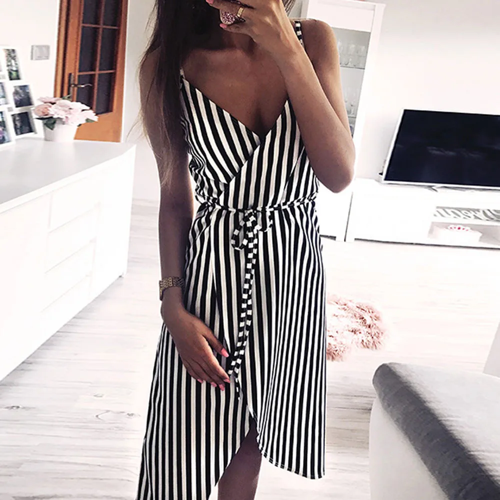 Summer Dress 2019 Fashion Casual Spaghetti Strap Lacing Up Striped Deep V Neck Off Shoulder Beach Party Women Mini | Женская одежда