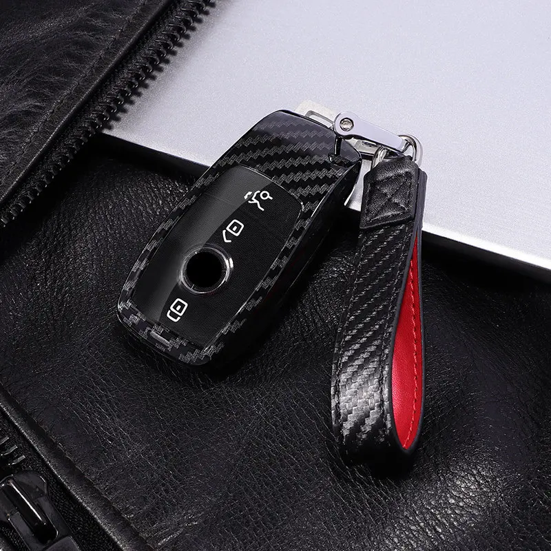 PC Carbon Fiber Fob полный защитный чехол автомобильный чехол для ключей для Mercedes Benz AMG E класс W213 для подарков - Название цвета: E-red keychain