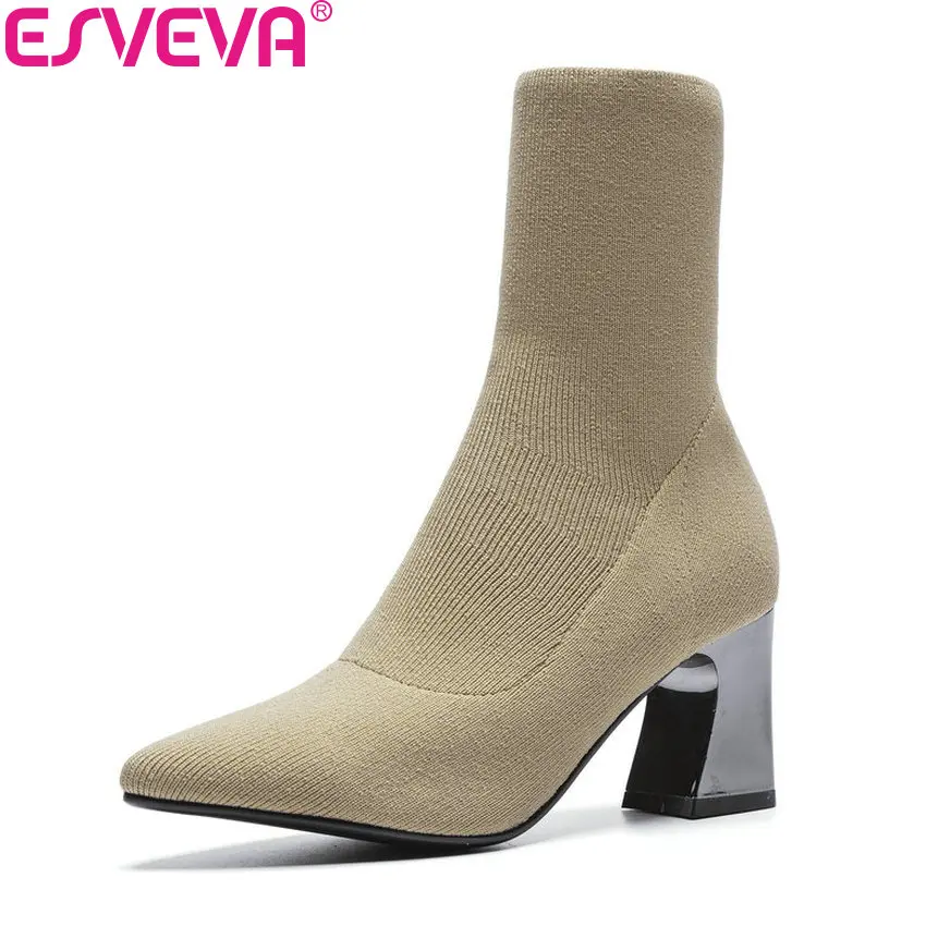 

ESVEVA 2019 Women Boots Square High Heels Slip on Knitting Ankle Boots Spring and Autumn Shoes Concise Ladies Boots Size 34-39