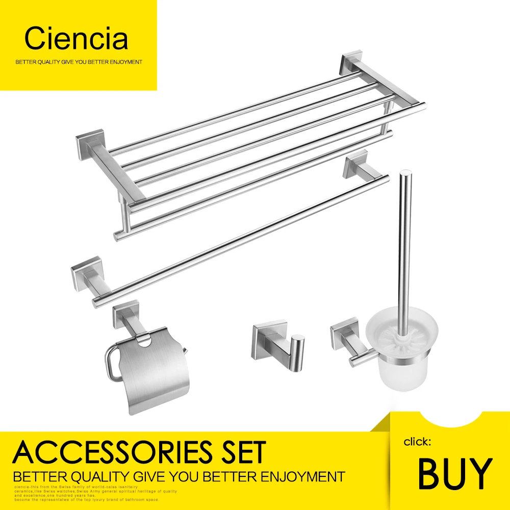 

Free Shipping SUS304 Stainless Wall Mount Steel Towel Rack,Robe hook,Paper Holder,Towel Bar,Toilet Brushed Towel Rack Set