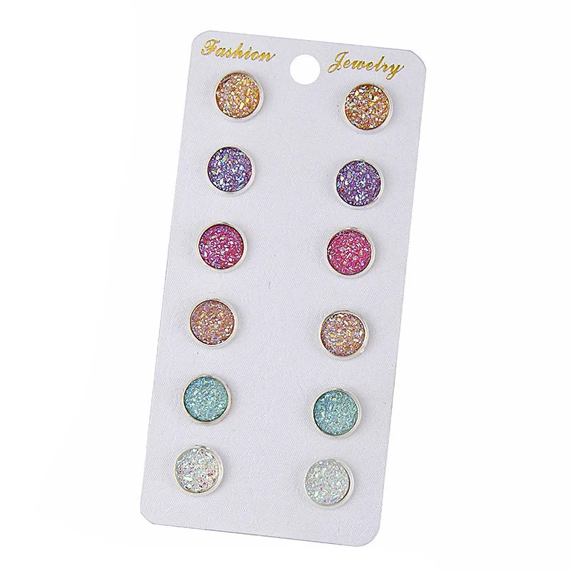 

6 Pairs Shiny Resin Druzy Stone Ear Stud Earrings Set For Women Colorful Multicolor Round Earrings Ear Jewelry Best Gifts