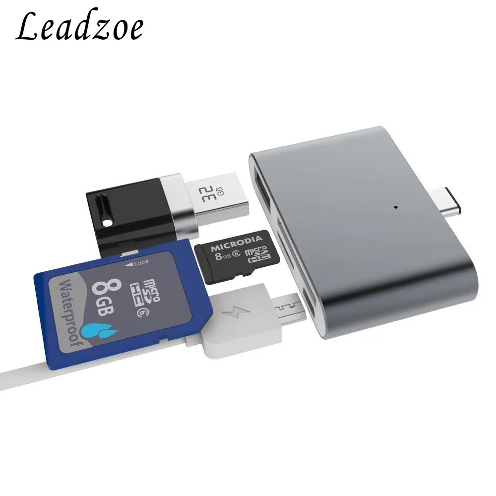 Картридер Leadzoe USB C Hub 4 в 1 Тип C OTG TF/SD Smart Card Reader с Micro USB Мощность Порты и разъёмы сплиттер