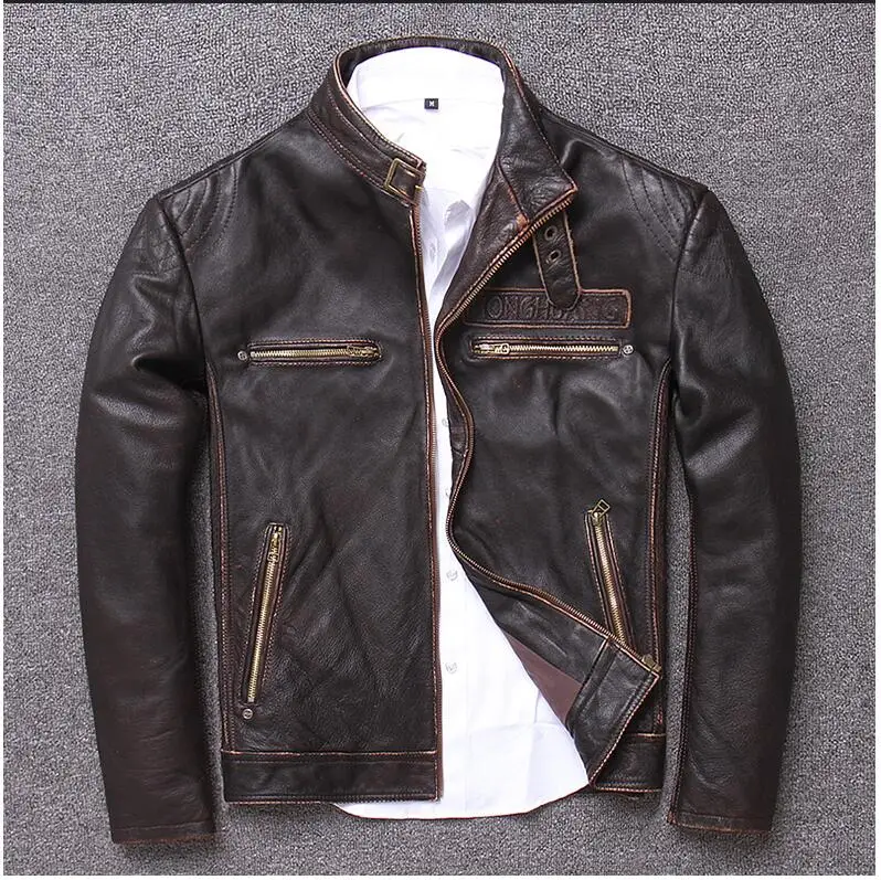 Винтажная коричневая Мужская облегающая Байкерская кожаная куртка размера плюс XXXL из натуральной толстой воловьей кожи мотоциклетная кожаная куртка