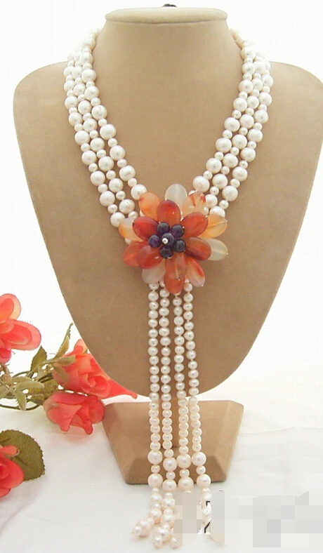 

HOT N558 3Strds White Pearl&Carnelian Flower Necklace