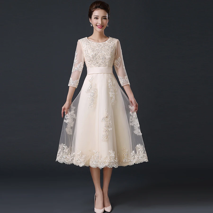

Three Quarter Appliques Lace Up Back A-Line Tea-Length Short Prom Dresses Free Shipping 2016